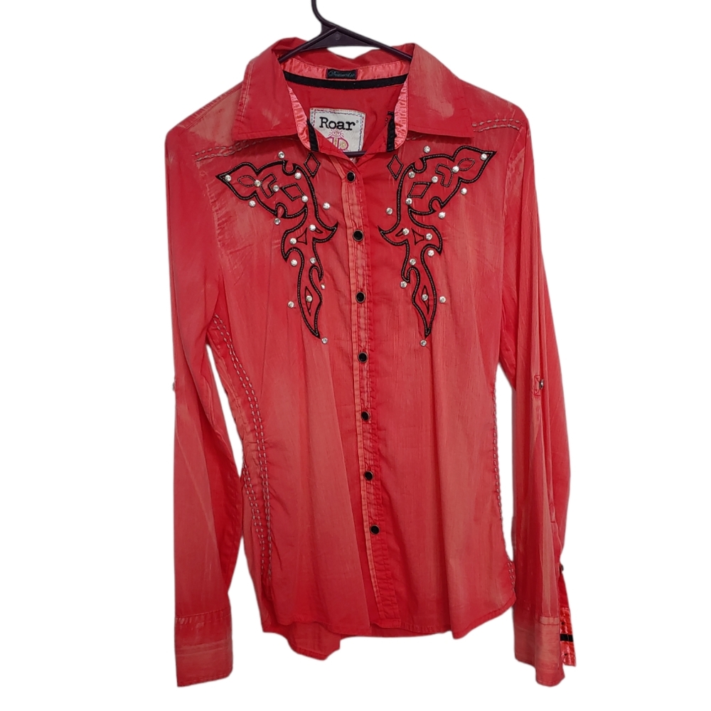 ROAR Western Button Down Shirt Embellished Distressed Coral Women's Med - Picture 2 of 12